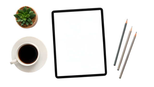 Tablet with coffee and succulent isolated on transparent background, top view
