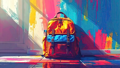 Orange Backpack Against Colorful Wall