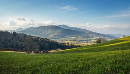 A glimpse of the breathtaking rural landscape during spring with majestic mountain scenery and lush green fields.