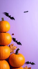 Orange Pumpkins Stacked with Black Bats and Autumn Leaves on Purple Background