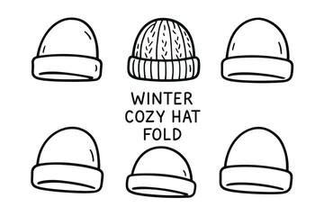 Black outline icons of five folded winter hats surrounding a central knitted hat with text "winter cozy hat fold.