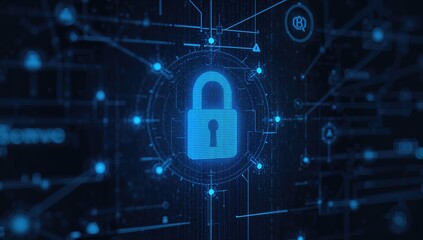Virtual interface displaying a digital lock symbol for secure data and network protection technology.