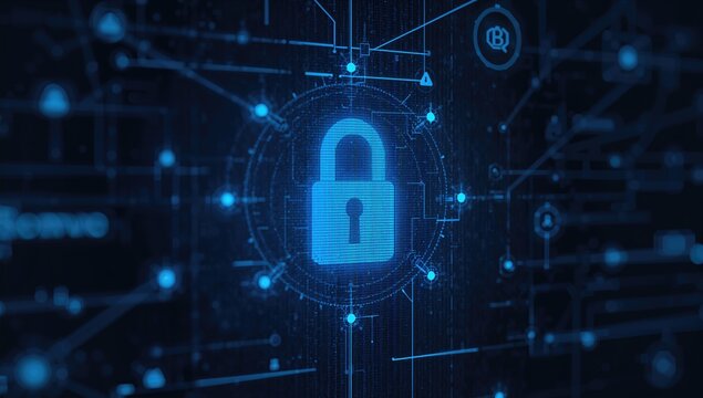 Virtual interface displaying a digital lock symbol for secure data and network protection technology.