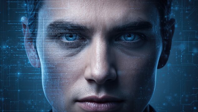 Close-up of a man's face showing half portrait with digital code reflected in the eyes and a network grid overlay on the skin