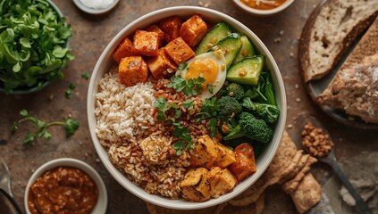 Fototapeta premium Nutritious Plant-Based Tofu and Grain Bowl with Fresh Vegetables