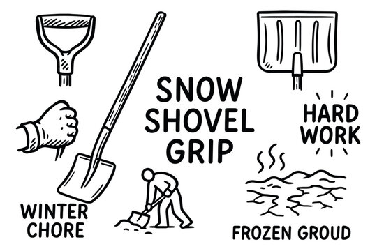 Black and white drawing of a snow shovel and related winter elements, highlighting the task of shoveling snow as a winter chore.