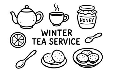 Black outline vector illustration featuring a teapot, cup, honey jar, sliced lemon, spoons, and plates of cookies arranged around the text "winter tea service.