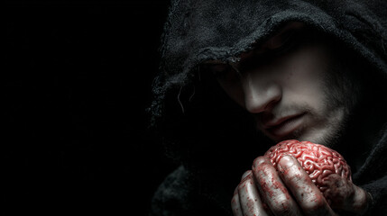 A man in black hood like criminal holding the red human brain on his hand , horror mood , black background.