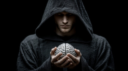 A man in black hood holding the small human brain on his hand , black background.