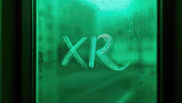 Handwritten XR visible on a damp glass surface framed by a corner with green overlay and augmented reality effects