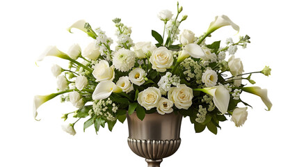 Elegant floral arrangement featuring white roses and lilies in a silver urn, perfect for weddings, sympathy, or sophisticated home decor, evokes peace and serenity