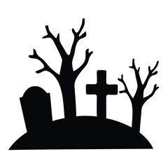 Spooky graveyard silhouette with tombstones and barren trees perfect for Halloween