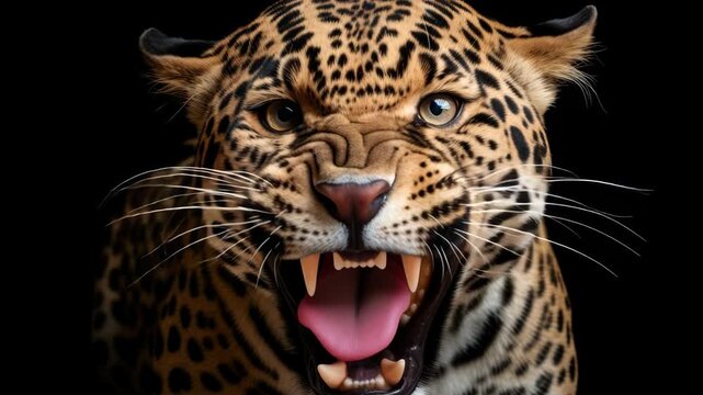 Close-up video still of a leopard against a black background, capturing intense gaze and detailed fur texture from a frontal angle. Live desktop wallpaper.