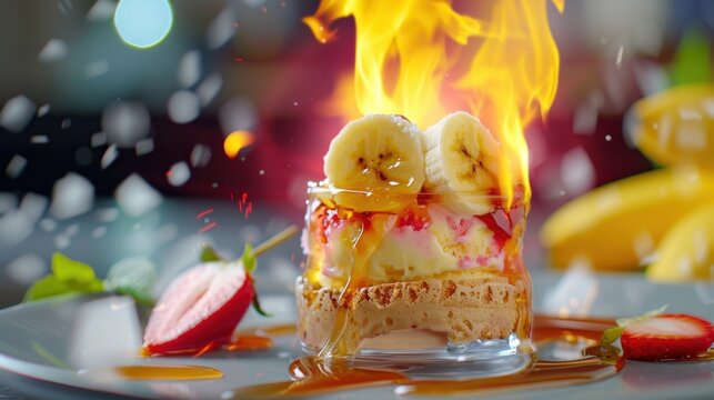 Delicious Dessert with Flaming Topping Featuring Ice Cream, Fresh Fruits, and Colorful Garnishes in a Beautiful Presentation