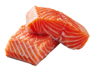 Two fresh raw salmon fillets arranged closely for a studio food photography close-up overhead shot isolated on transparent background