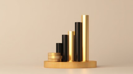 Modern financial growth concept with golden and black cylindrical bars on a circular pedestal representing success and investment strategies in a minimalist design