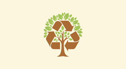 Obraz premium A recycling symbol incorporated into a stylized tree with green leaves, on a light tan background