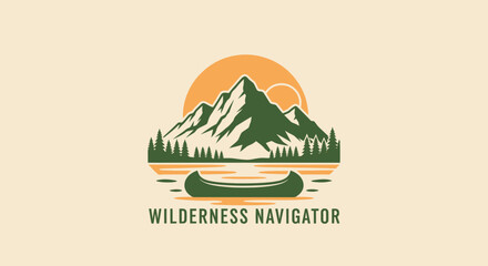 A mountainscape design with a canoe on water, sun, trees, and text 