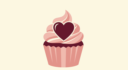 A stylized cupcake with pink frosting, a dark heart, and a pale yellow background