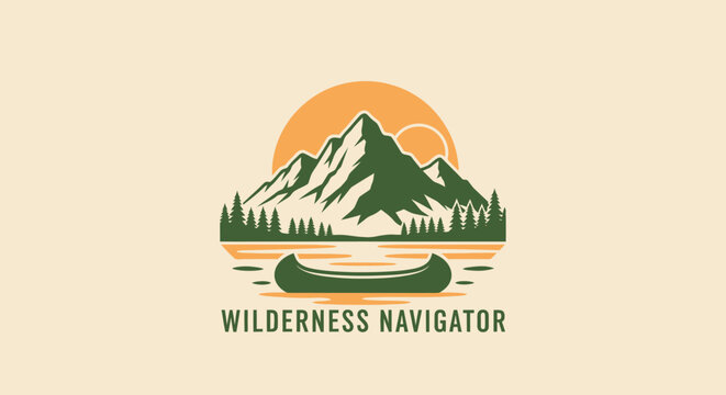 A mountainscape design with a canoe on water, sun, trees, and text "Wilderness Navigator.