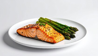 Pan-Seared Salmon with Roasted Asparagus on White Plate