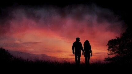Couple holding hands walking into a dramatic colorful sunset over a landscape