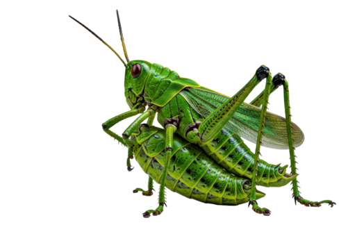 Emerald-green grasshopper, coiled, tensed hind legs, iridescent exoskeleton, ruby eyes. Ultra-macro on transparent with chiaroscuro light, concept of intricate insect power