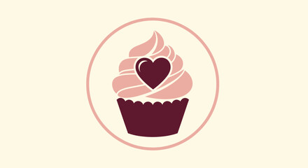 A cupcake icon with a heart center, enclosed in a circle, soft pink on a light cream background