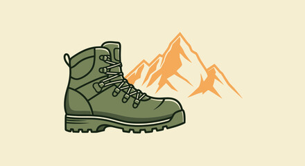 An illustration of a hiking boot next to an orange-hued mountain range, against a cream backdrop