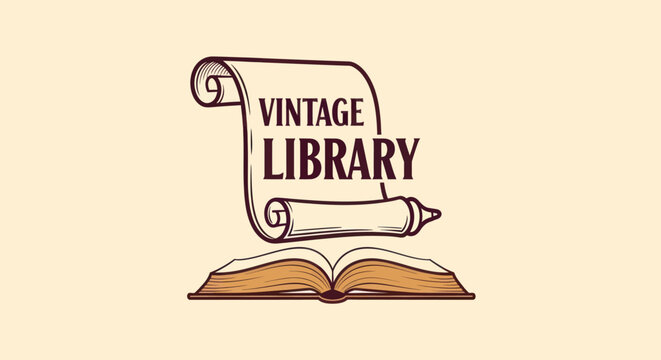 Vintage Library logo features an open book below a scroll with text, simple line art