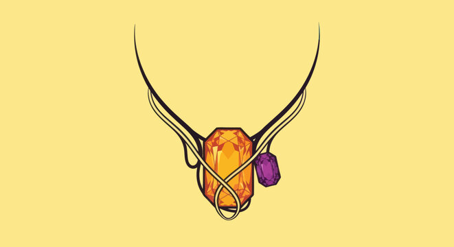 A stylized illustration of a necklace with an orange gem and a purple gem on a yellow background