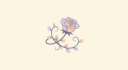 A stylized rose illustration with swirls and leaves, set against a light beige background
