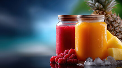 Jars of fresh fruit smoothies on dark surface with tropics