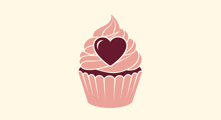 A stylized cupcake with pink frosting, a dark heart, and a scalloped paper cup