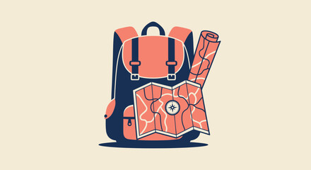 A backpack with a map, suggesting travel. Both colored in coral and blue against a cream backdrop