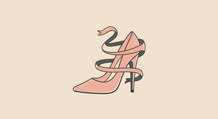A pink high-heeled shoe is wrapped by a dark grey ribbon against a beige background