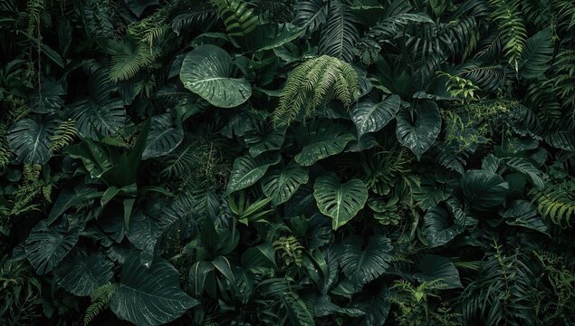 Lush green foliage featuring tropical leaves such as anthuriums, epiphytes, and ferns, creating a vibrant plant wall in a misty forest environment.