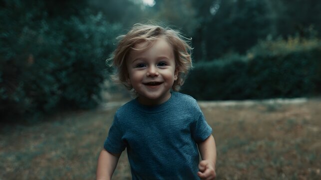 A happy young child with blonde hair runs through a green garden with a joyful expression