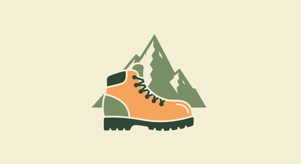 An outdoor-themed illustration with a hiking boot in front of green stylized mountain range
