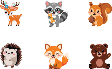 Cute woodland animals cartoon illustration, deer raccoon squirrel hedgehog fox bear, children’s book character design, educational wildlife artwork