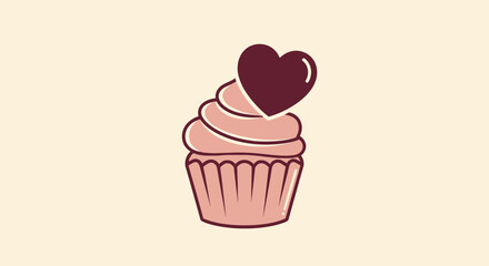 Vector graphic of a cupcake with heart. It's a dessert with cream and a heart on top