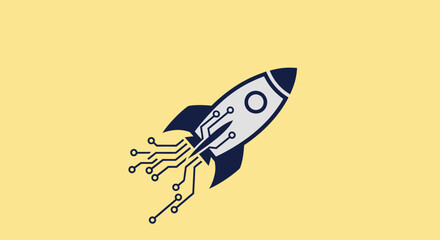 A stylized rocket with circuit board components, ascending on a light yellow background