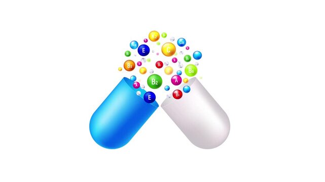 Open medical capsule releasing vitamins and minerals on white and green screen