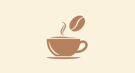 A brown-toned coffee illustration, with a cup, bean, and steam, set against a light background