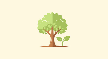 Simple vector illustration depicts a tree with a full crown and a small seedling on a light background