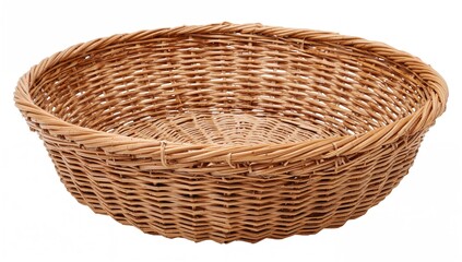 Handcrafted empty wooden wicker basket for fabric, isolated on white background