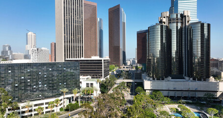 Obraz premium Aerial drone view of downtown Los Angeles with skyscrapers. Los Angeles skyline panorama.