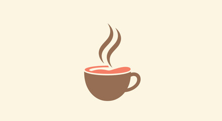 Stylized coffee cup logo with steam rising above. Earth tones on a cream backdrop