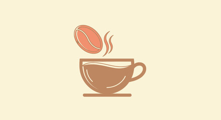 A graphic illustration of coffee, featuring a cup with steam, and a floating bean