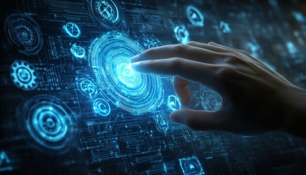 A hand hovers over a digital screen displaying a complex network of glowing blue circles, lines, and symbols, interacting with the interface.